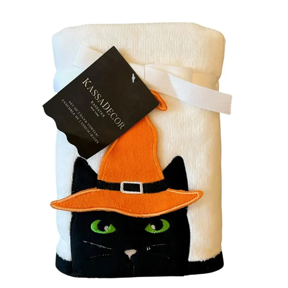 Kassadecor Halloween Witch Cat Hand Towels 18x28 Plush Black & White Set of 2